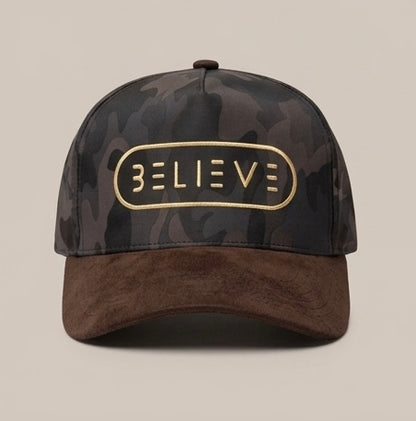 BELIEVE Camo Snapback Hat – Brown Suede Brim