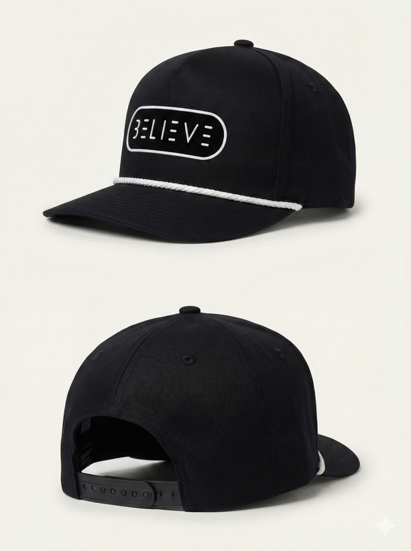 Believe Rope Snapback Hat – Black & White