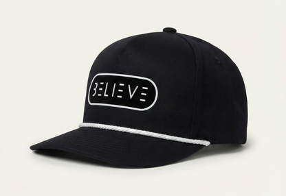 Believe Rope Snapback Hat – Black & White