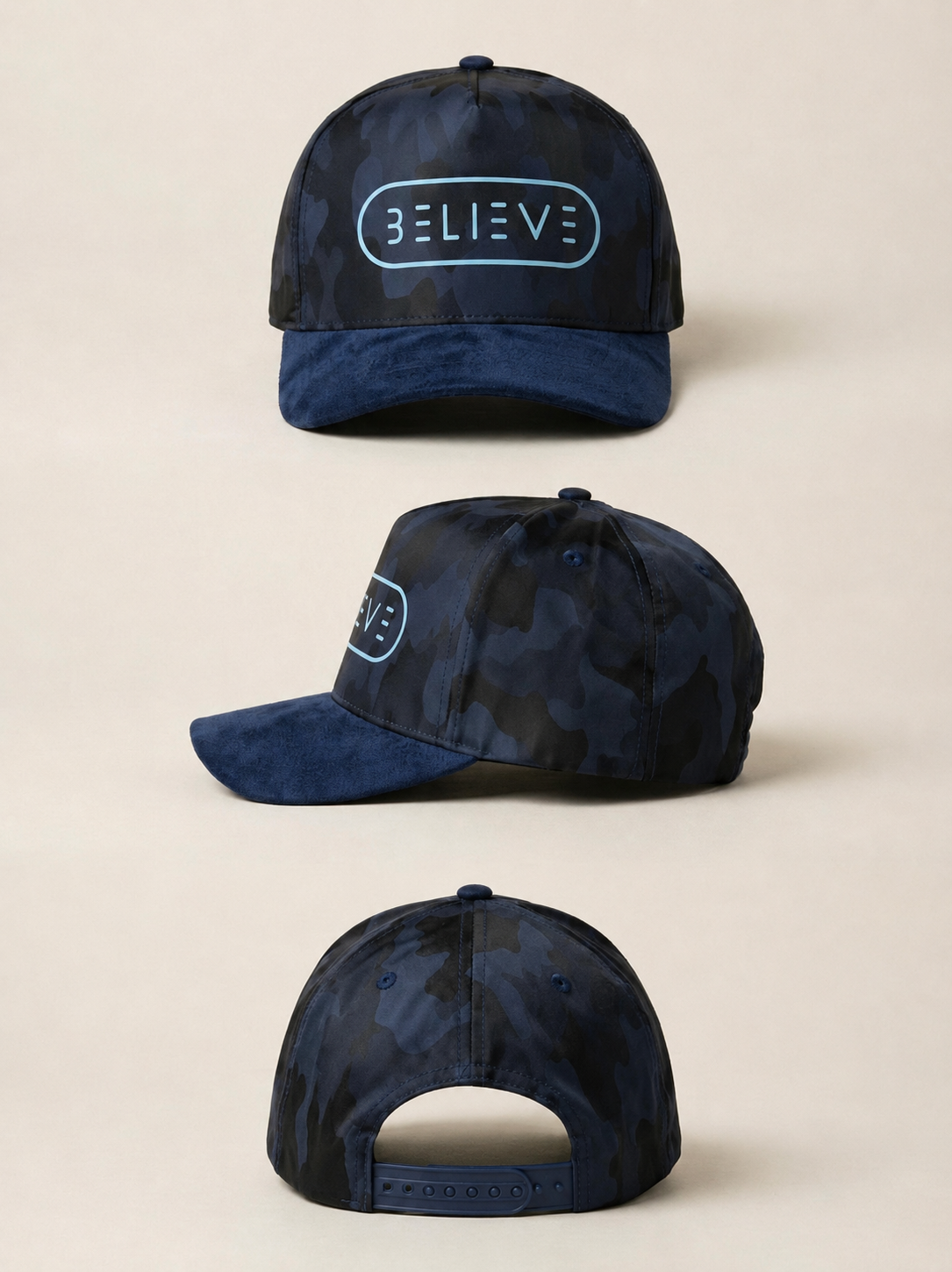 BELIEVE Camo Snapback Hat – Navy Suede Brim