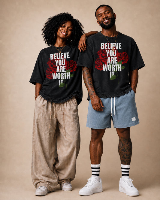 “Believe You Are Worth It” Distressed Rose Tee