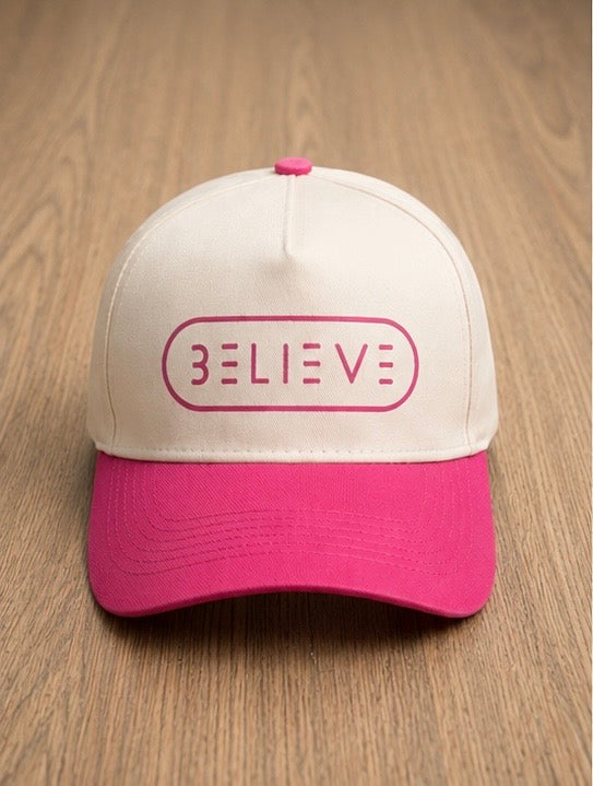 BELIEVE Snapback Hat – Cream/Pink