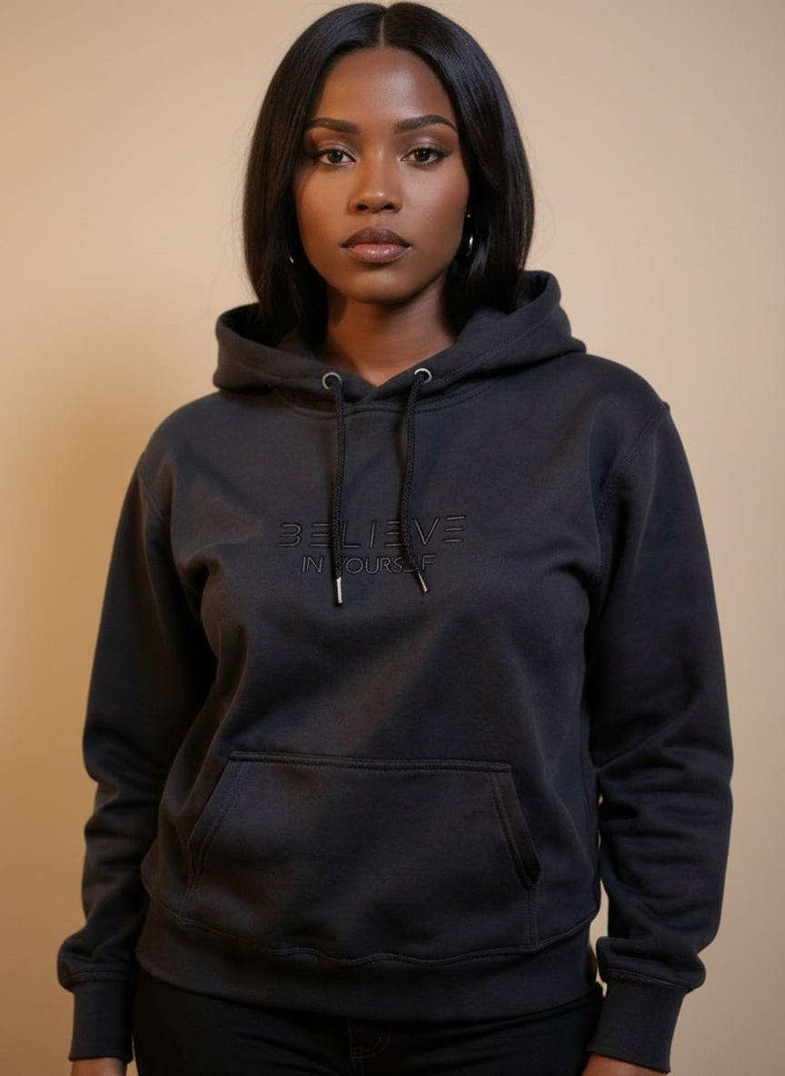 Black on Black Embroidered “Believe In Yourself” Hoodie Unisex