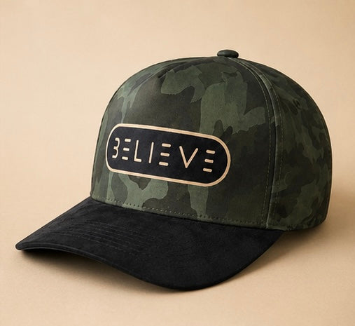 Believe Green Camo Satin & Suede Hat