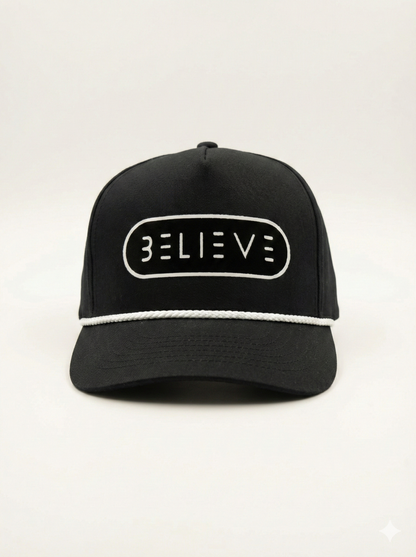 Believe Rope Snapback Hat – Black & White