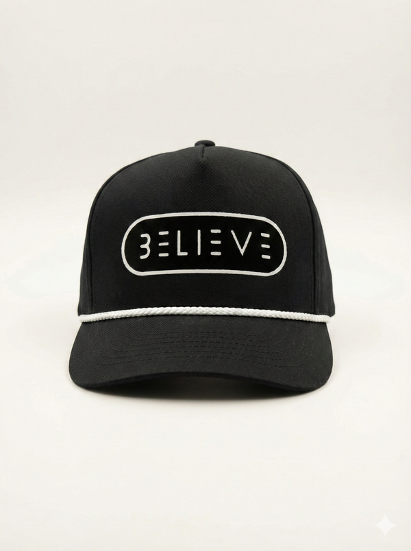 Believe Rope Snapback Hat – Black & White