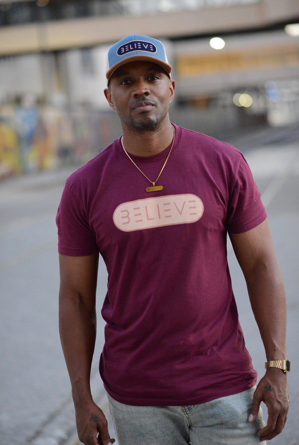 Cranberry BELIEVE T-Shirt with Gold & Tan