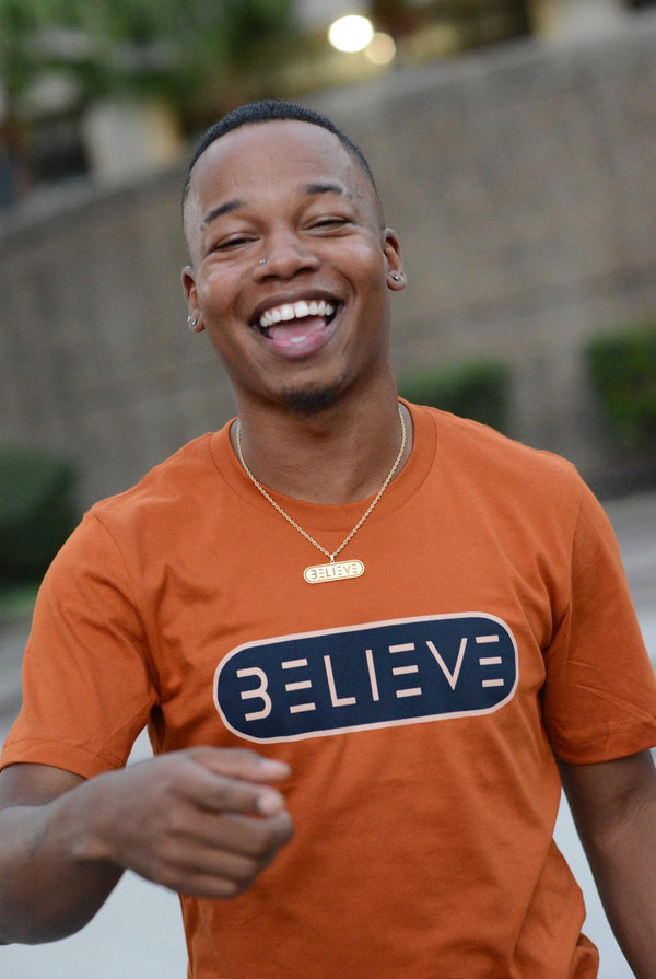 Orange and Navy BELIEVE T-Shirt