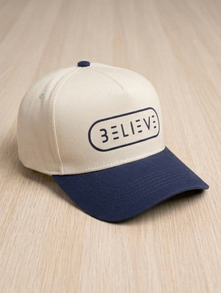 BELIEVE Snapback Hat – Cream/Navy