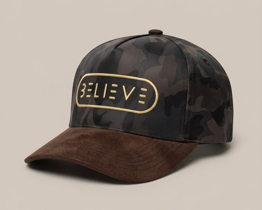 BELIEVE Camo Snapback Hat – Brown Suede Brim