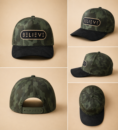 Believe Green Camo Satin & Suede Hat
