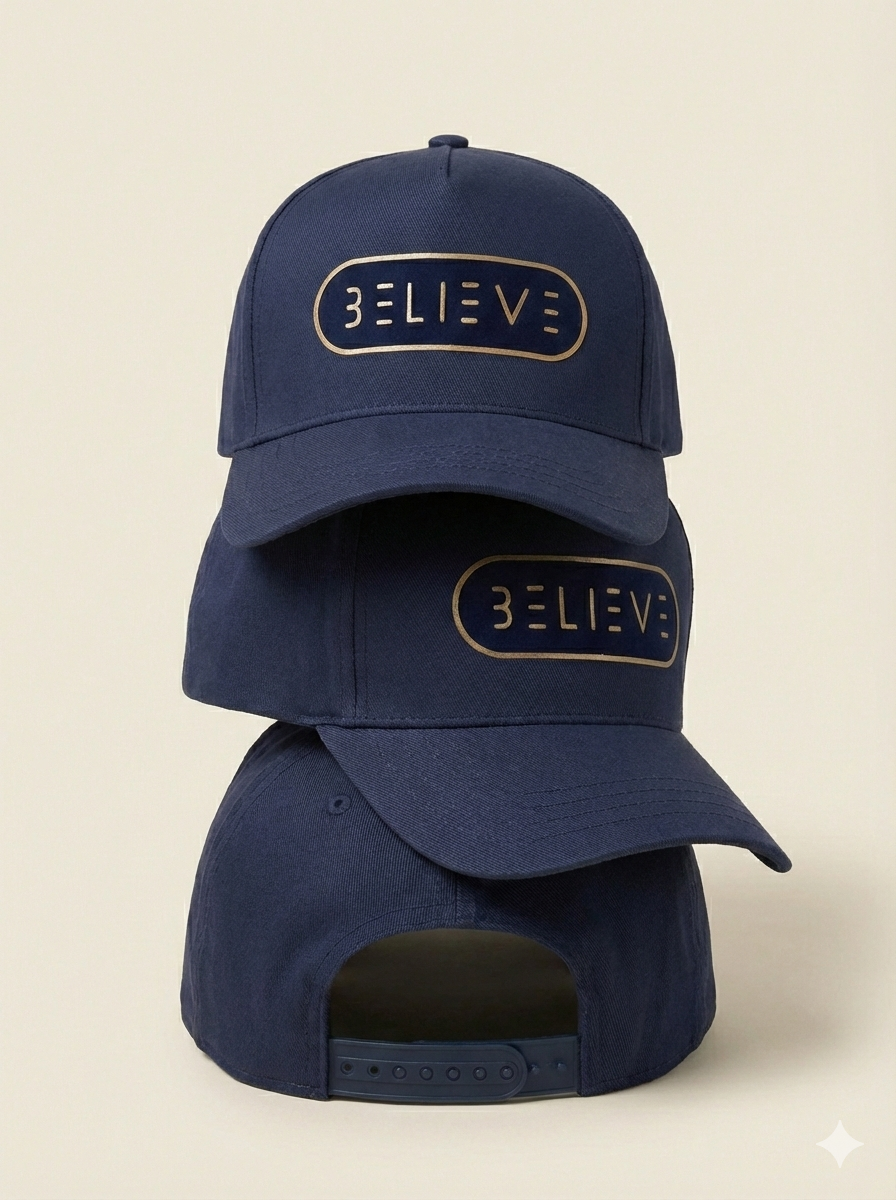 Believe Snapback Hat – Navy & Tan