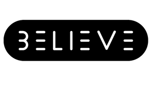 Black 'BELIEVE' logo on a white background