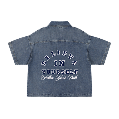 Unisex Vintage Wash Boxy Quarter-Zip Denim Shirt