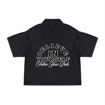 Unisex Vintage Wash Boxy Quarter-Zip Denim Shirt