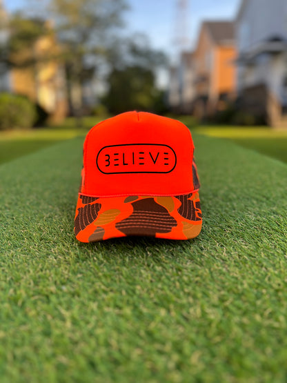 Orange Camo BELIEVE Trucker Hat