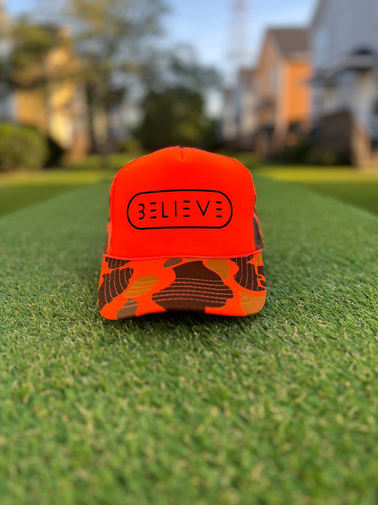 Orange Camo BELIEVE Trucker Hat