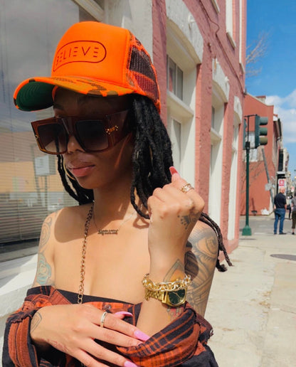 Orange Camo BELIEVE Trucker Hat