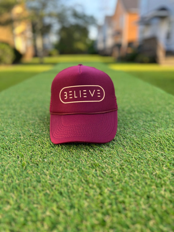 Cranberry & Cream BELIEVE Trucker Hat