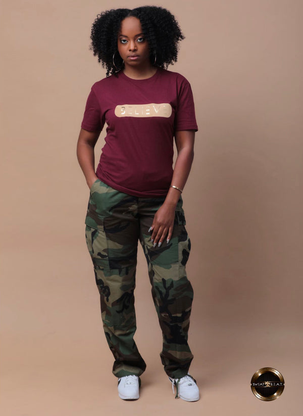 Cranberry BELIEVE T-Shirt with Gold & Tan