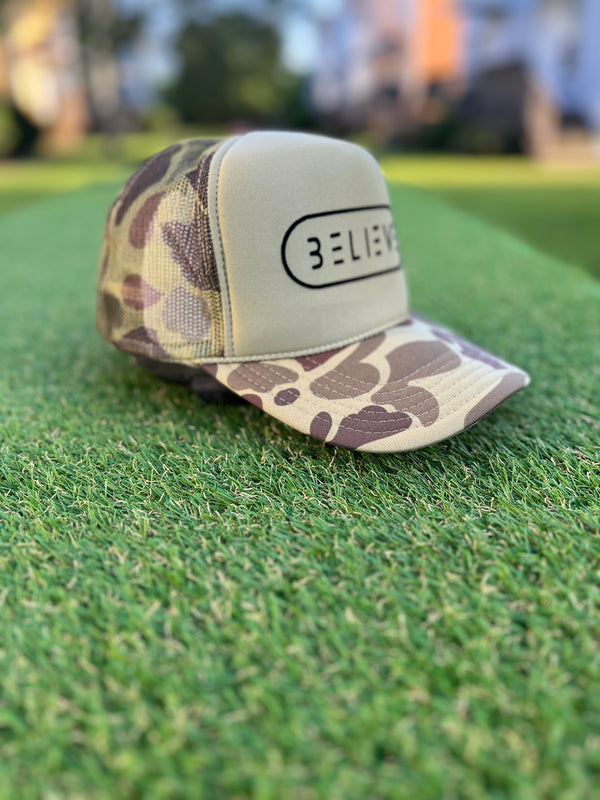 Military Tan BELIEVE Trucker Hat